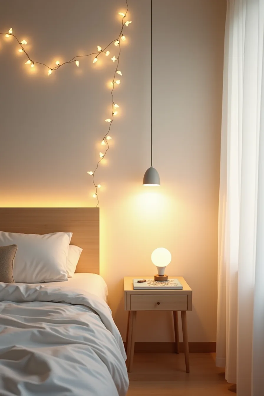 Bedside setup with fiber-optic wall panel creating pinpoint lights, table lamp with warm RGB bulb, and LED star string