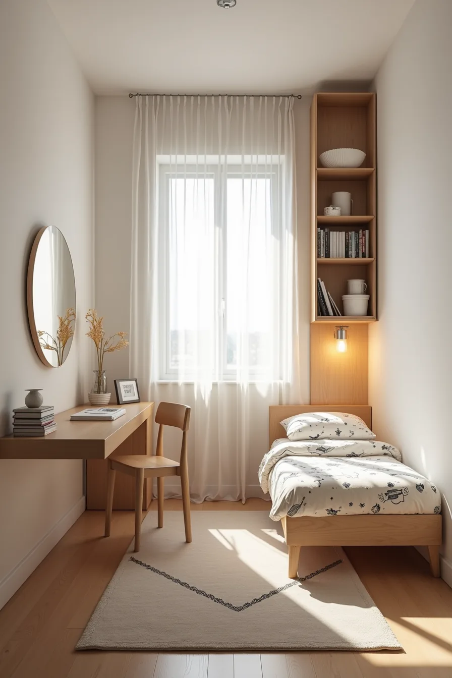 Compact bedroom with wall-mounted floating desk, vertical shelving with storage boxes, twin bed with space-themed blanket