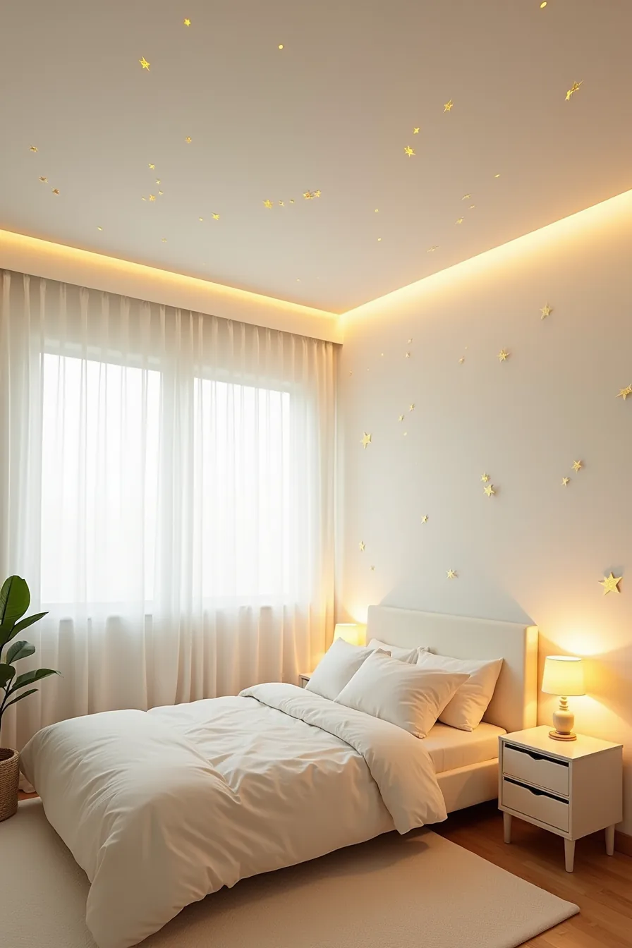 Ceiling view showing glow-in-the-dark constellation clusters, vinyl star decals of different sizes, and warm LED strip