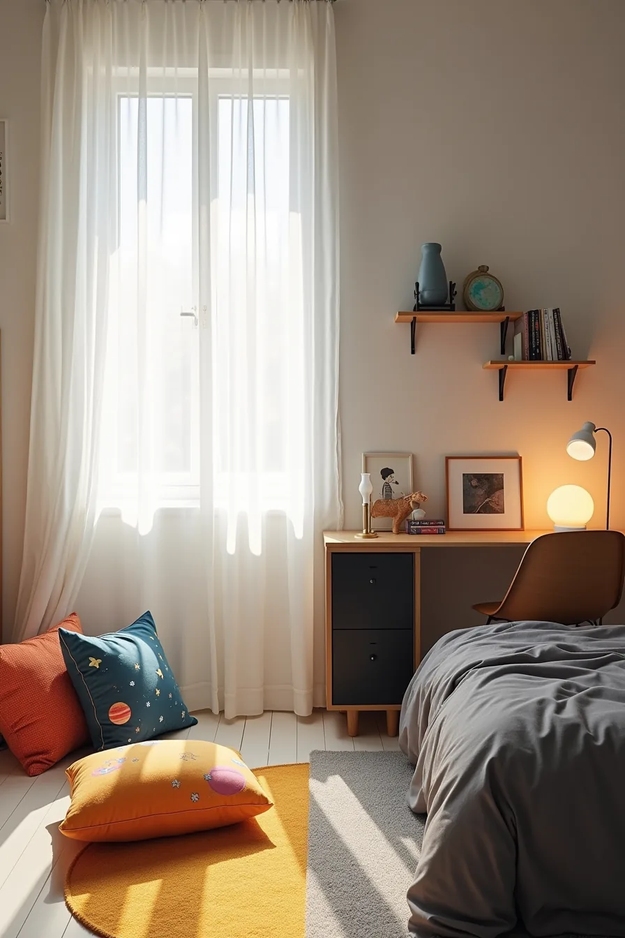 Split-view bedroom showing colorful planet pillows and glow-in-the-dark stickers on one side, minimalist monochrome planet