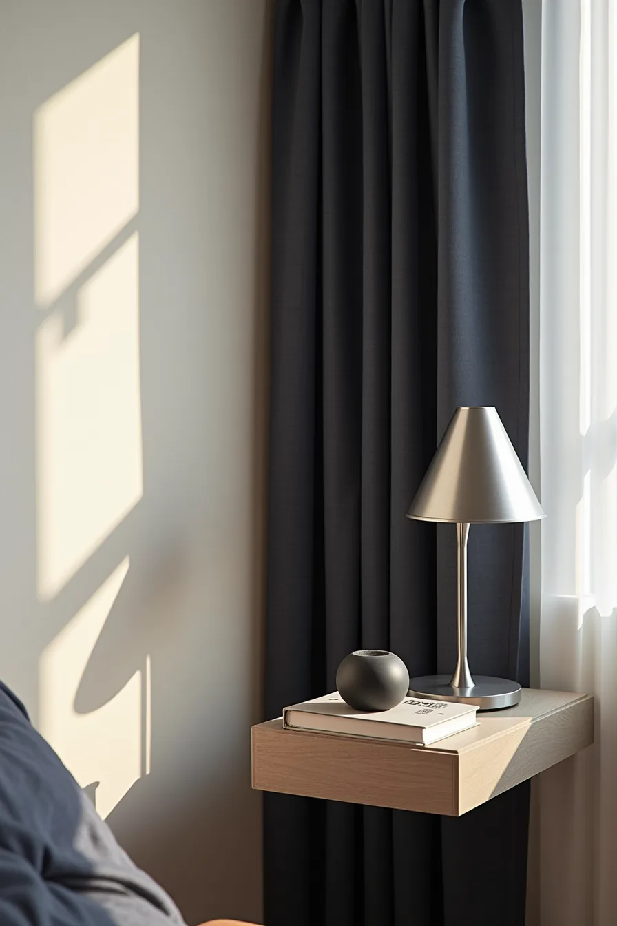 Charcoal textured wall with brushed-silver floating shelf displaying a matte black ceramic sphere and chrome lamp, navy