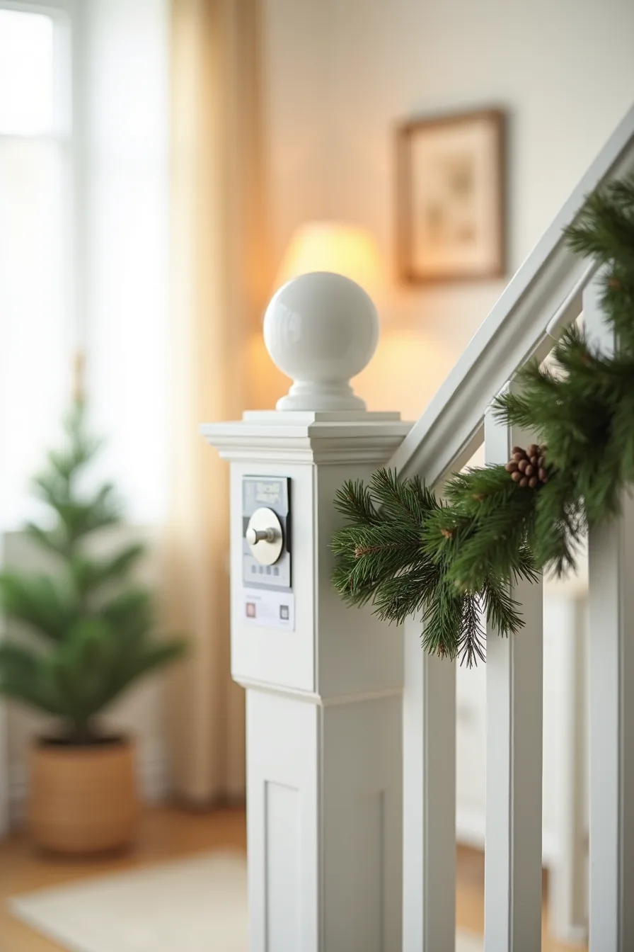 Command strips secure a garland swag to a painted railing while a magnetic hook holds an ornament on the bannister post.