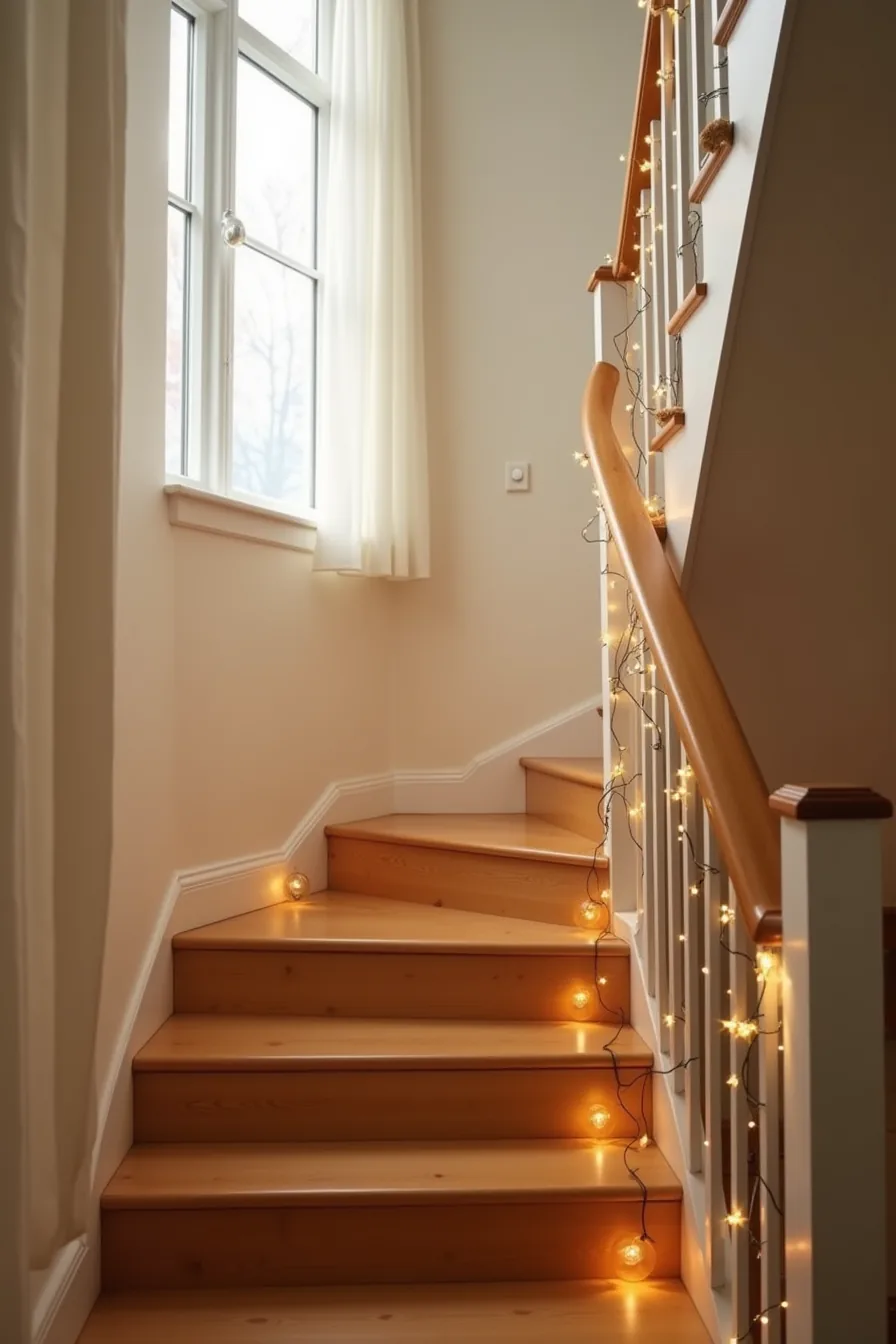 Fairy lights weave along a railing while rope lights run down the center edge of each stair tread, glowing warmly.