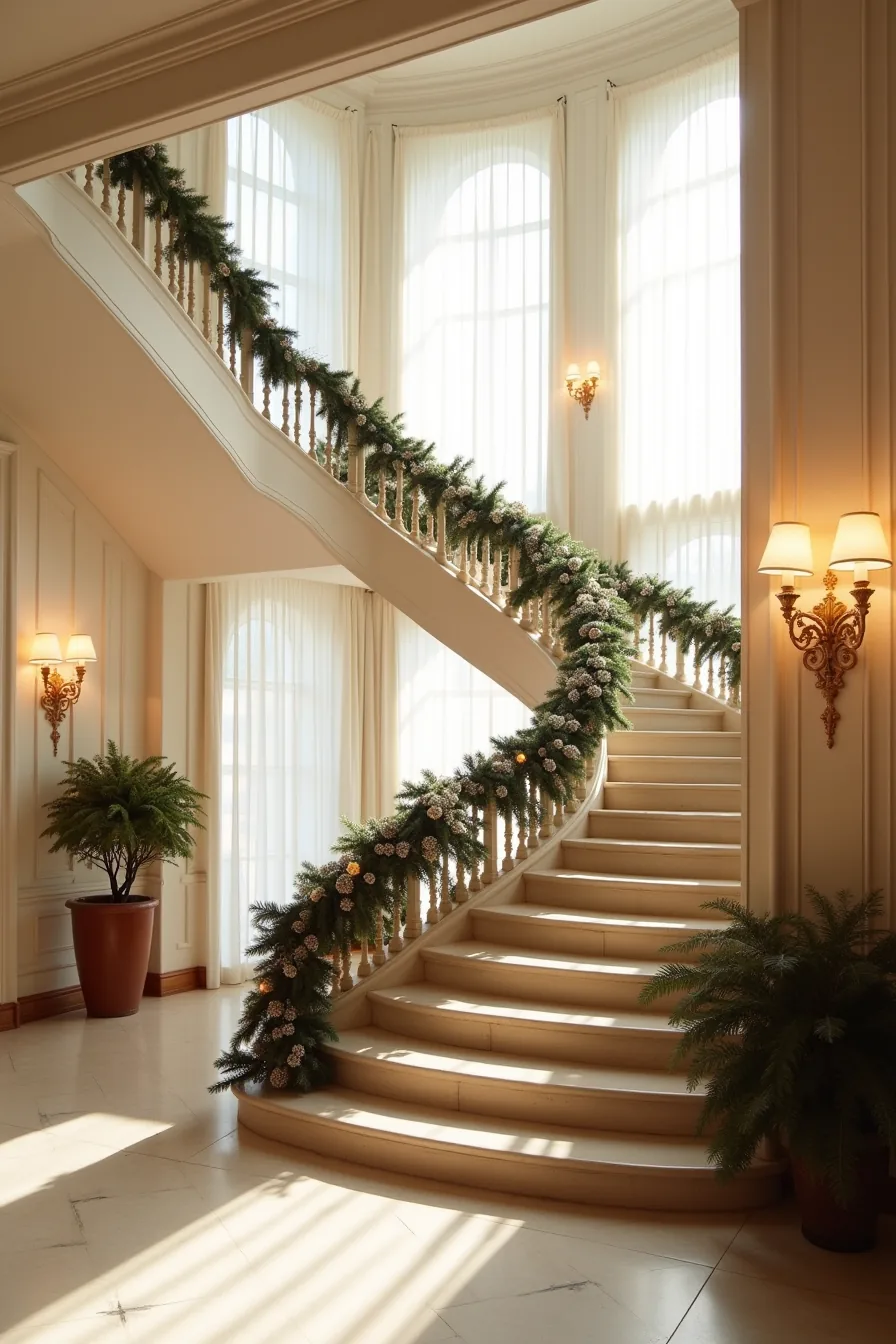 A grand multi-story staircase displays layered garland, runners, and lighting across three visible flights in a tall foyer.