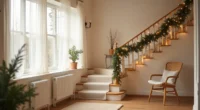 A residential staircase decorated with garland, runners, and warm string lights viewed from the mid-landing looking upward.