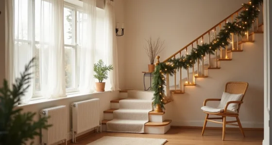 A residential staircase decorated with garland, runners, and warm string lights viewed from the mid-landing looking upward.