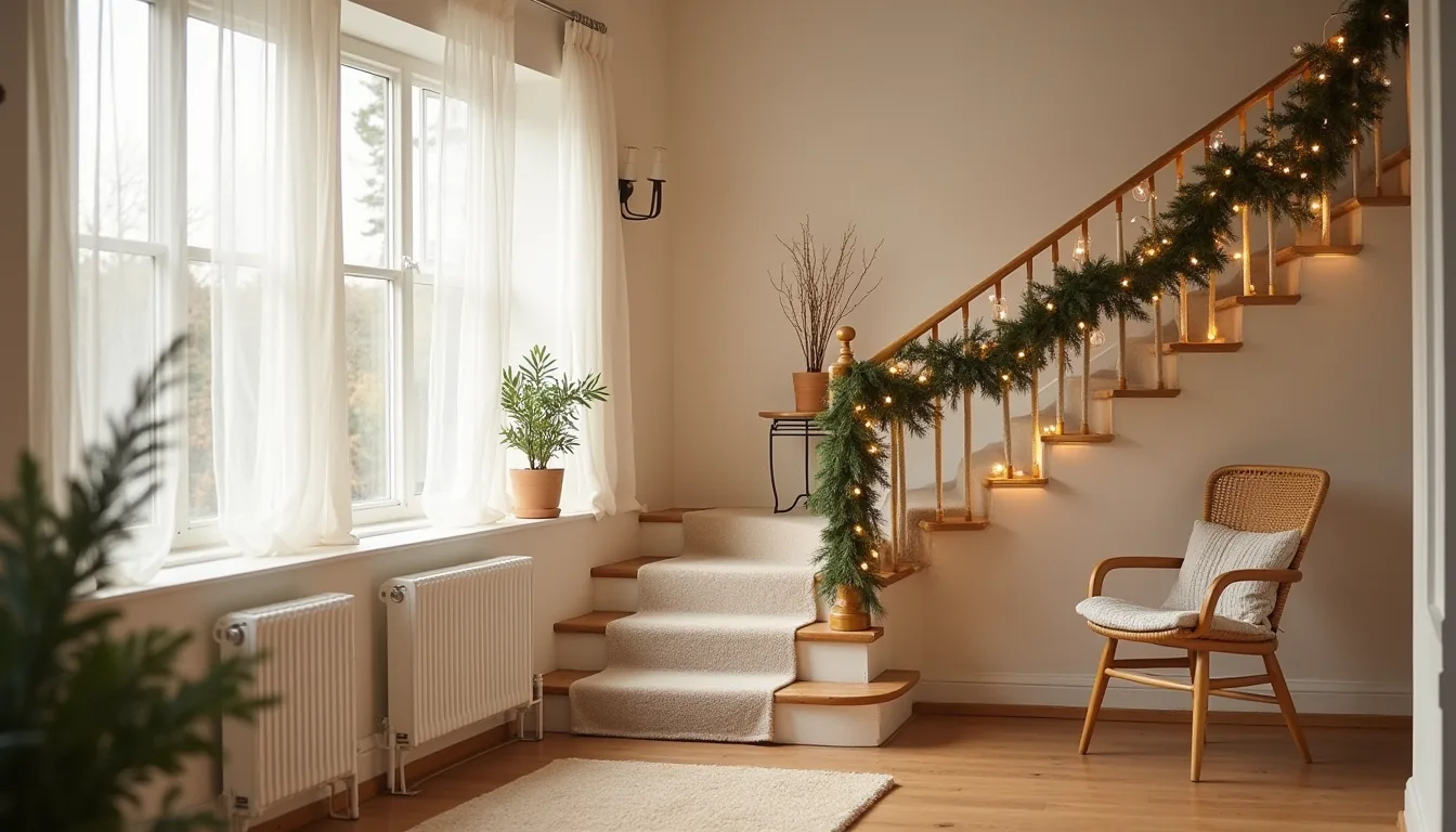 A residential staircase decorated with garland, runners, and warm string lights viewed from the mid-landing looking upward.
