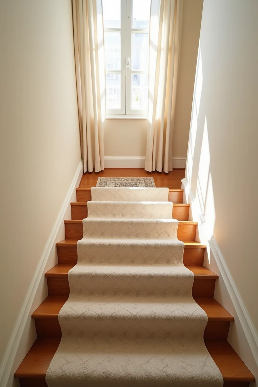 Four stair treads feature a patterned Christmas runner with contrasting solid-color panels on each riser below.