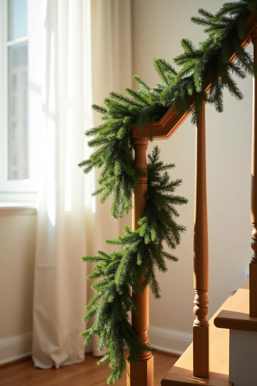 Fresh evergreen garland spirals tightly around a wooden railing secured with floral wire between balusters.