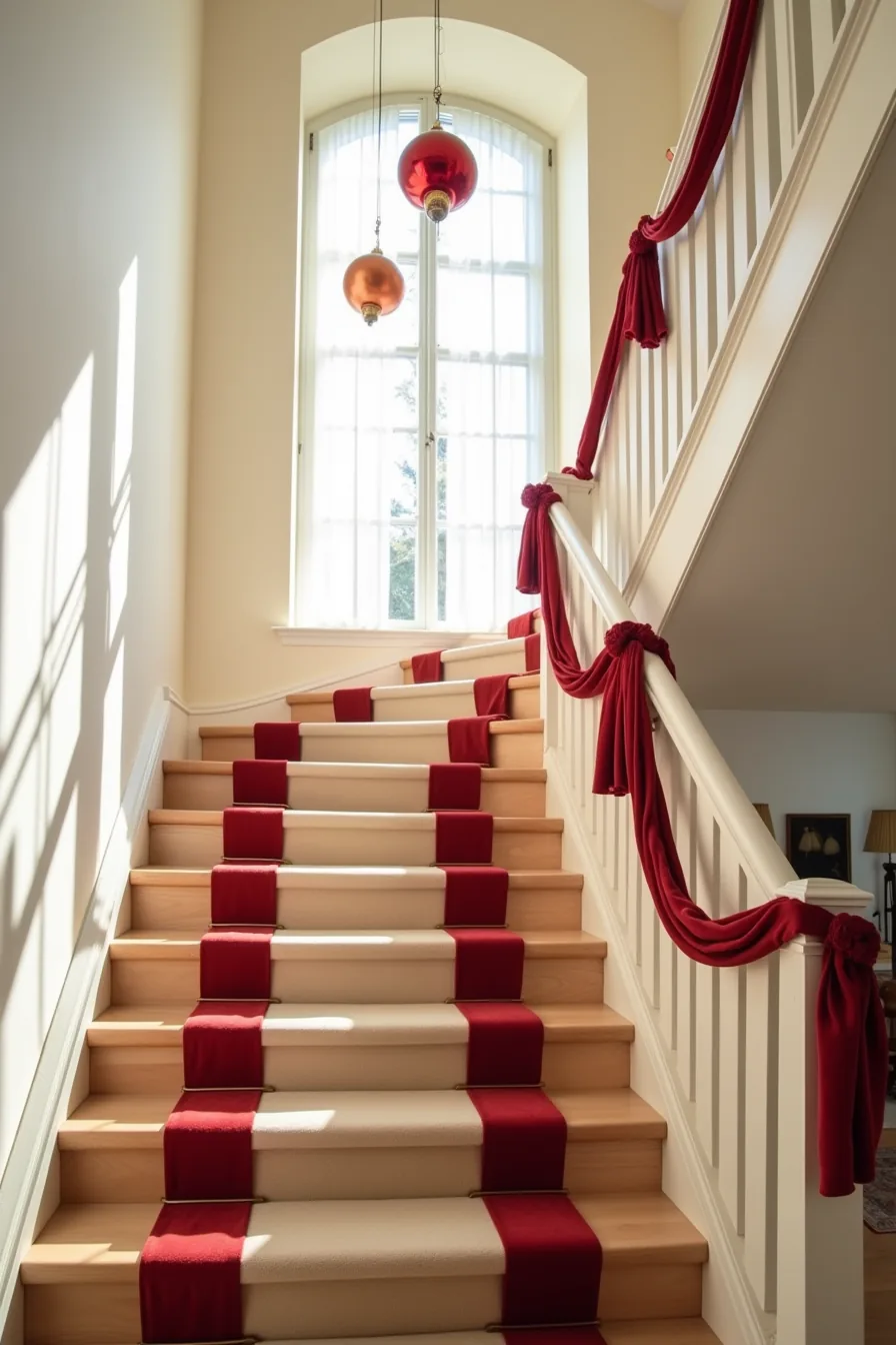 Red velvet ribbon swags drape between stair runs with large ornaments suspended at different heights on fishing line.