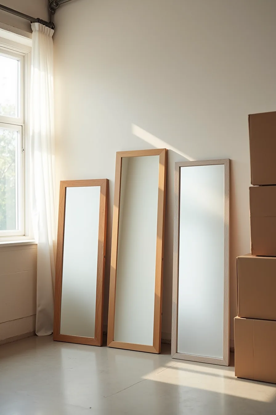 Three mirrors with composite, oak, and metal frames lean against a garage wall near cardboard boxes.