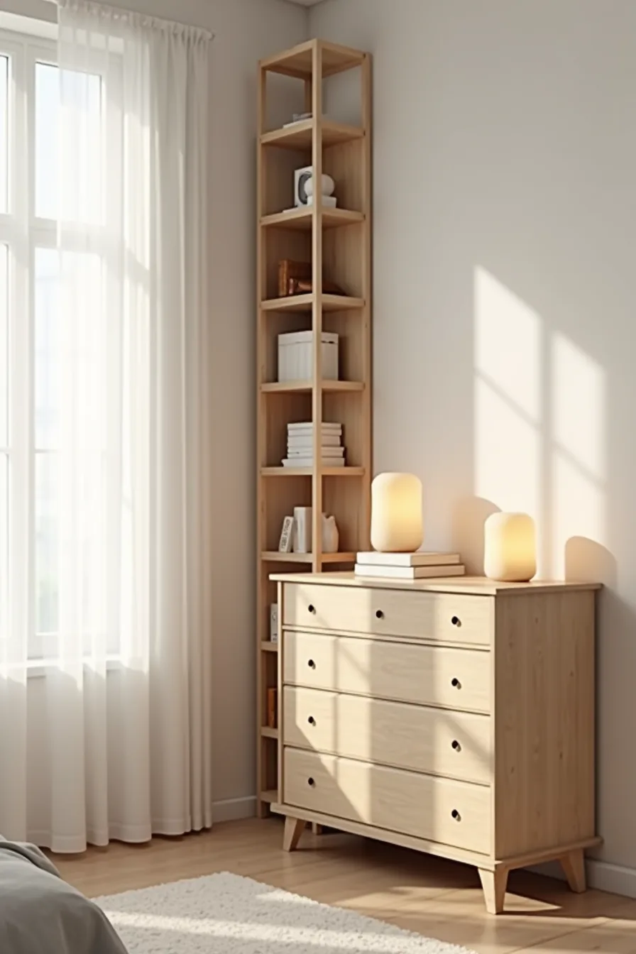 Narrow vertical shelf unit and multi-drawer dresser positioned in a bedroom corner, showing proportional fit for small