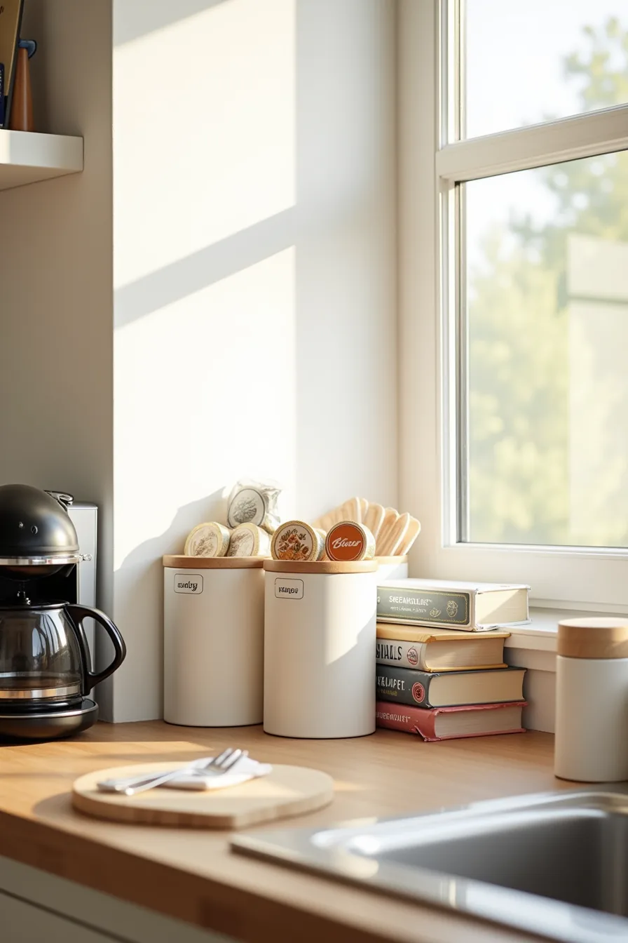 Labeled containers for coffee pods, tea bags, and breakfast items arranged on a kitchen counter near a coffee maker and