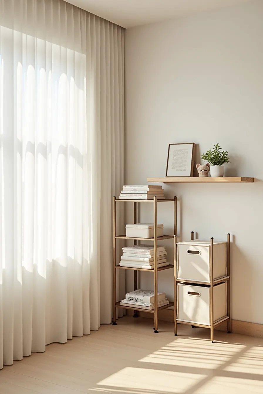 Three different storage systems displayed together: a wall-mounted floating shelf, a metal shelving unit with adjustable