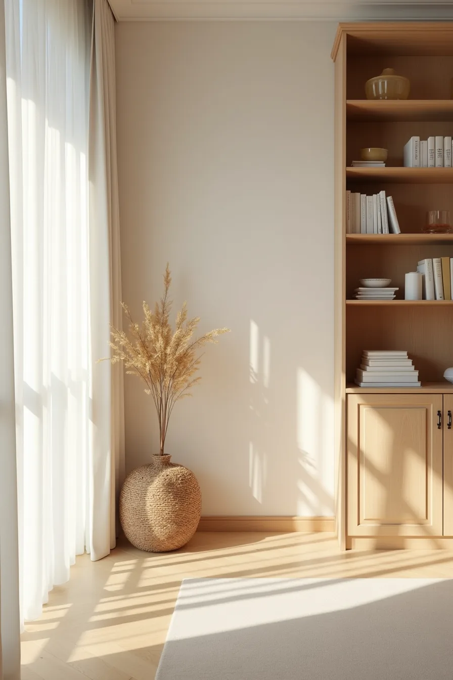 Open wooden shelves with stacked items displayed on one side and a closed cabinet with solid doors on the other side of a