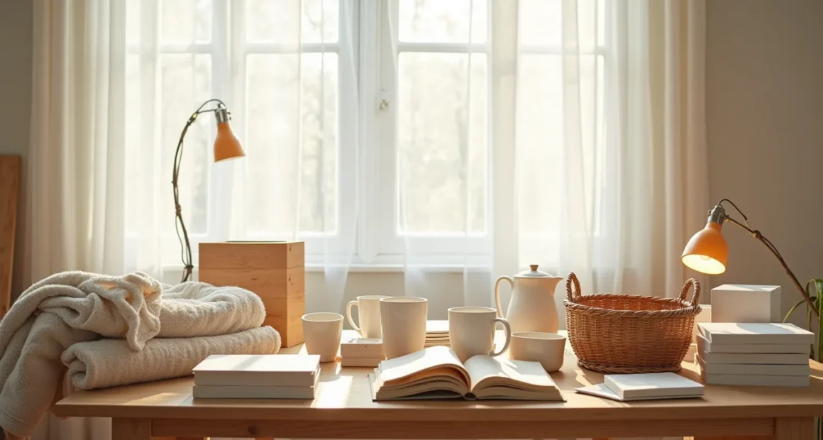 Wooden table covered with ceramic mugs, folded textiles, wooden boxes, glass containers, and a woven basket in disorganized