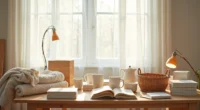 Wooden table covered with ceramic mugs, folded textiles, wooden boxes, glass containers, and a woven basket in disorganized