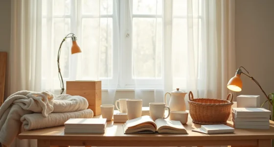 Wooden table covered with ceramic mugs, folded textiles, wooden boxes, glass containers, and a woven basket in disorganized