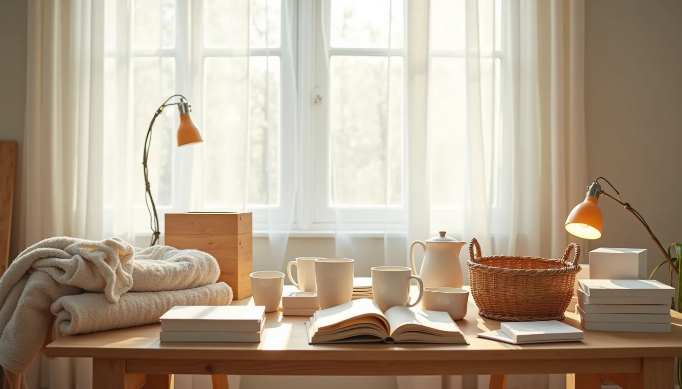 Wooden table covered with ceramic mugs, folded textiles, wooden boxes, glass containers, and a woven basket in disorganized