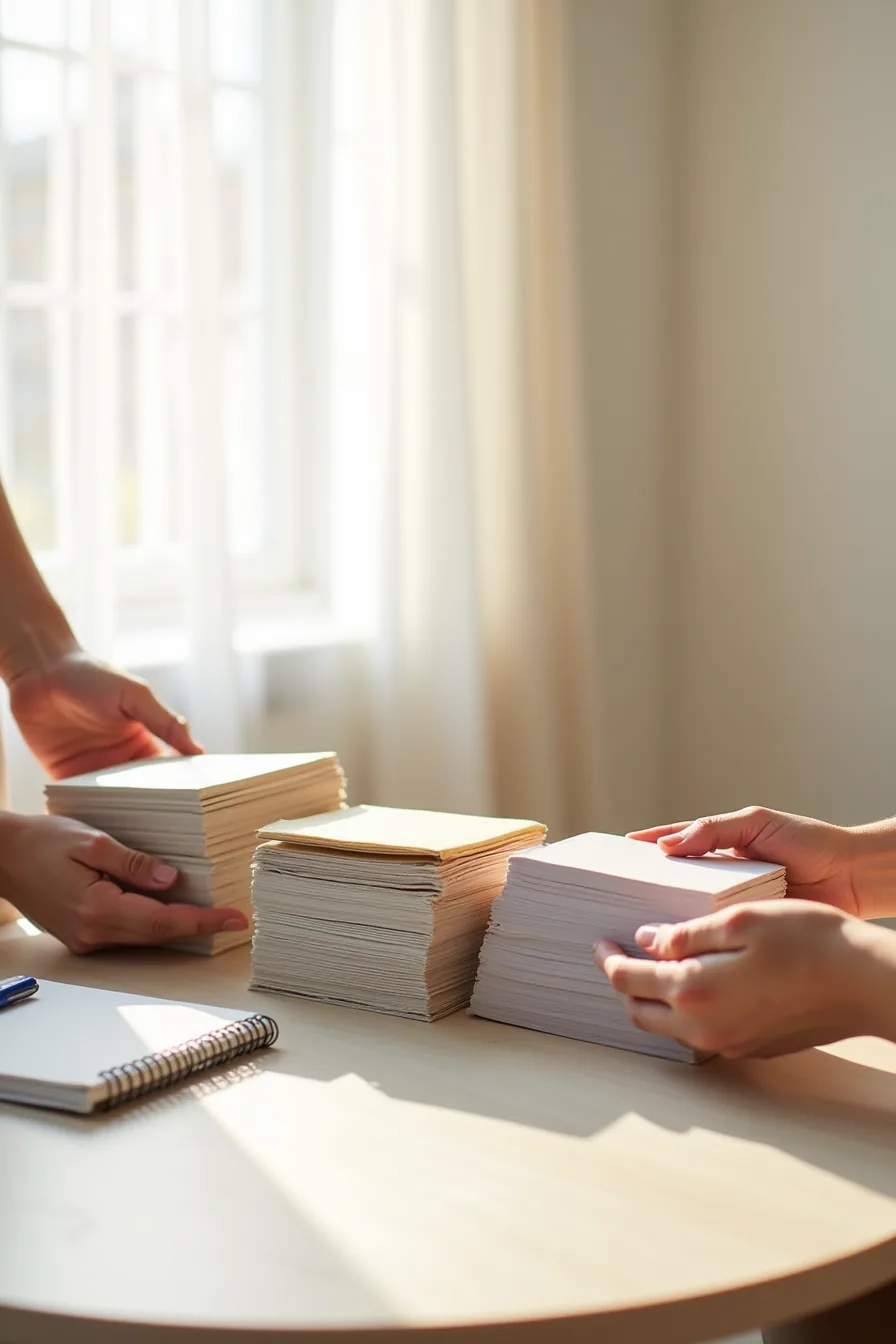 Hands sorting household items into three separate piles with a notepad and pen visible on a neutral work surface.