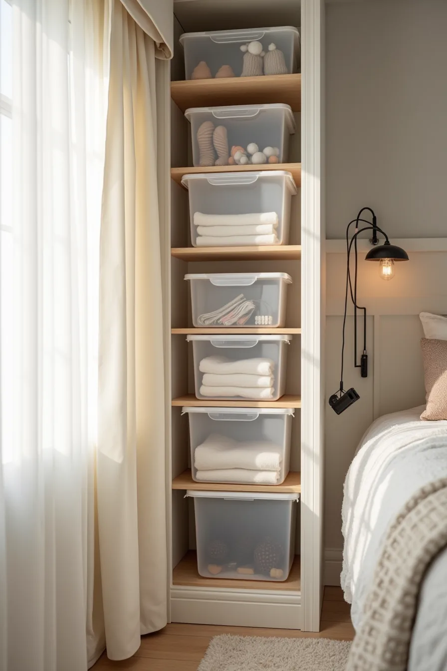 Six transparent storage boxes on a shelf displaying winter accessories, cables, craft supplies, seasonal décor, linens, and