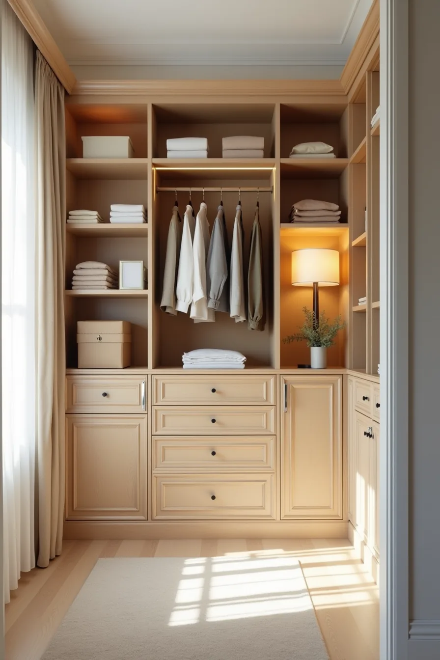 Custom built-in closet system with wooden shelves, hanging rods, base drawers, and vertical dividers holding folded clothes