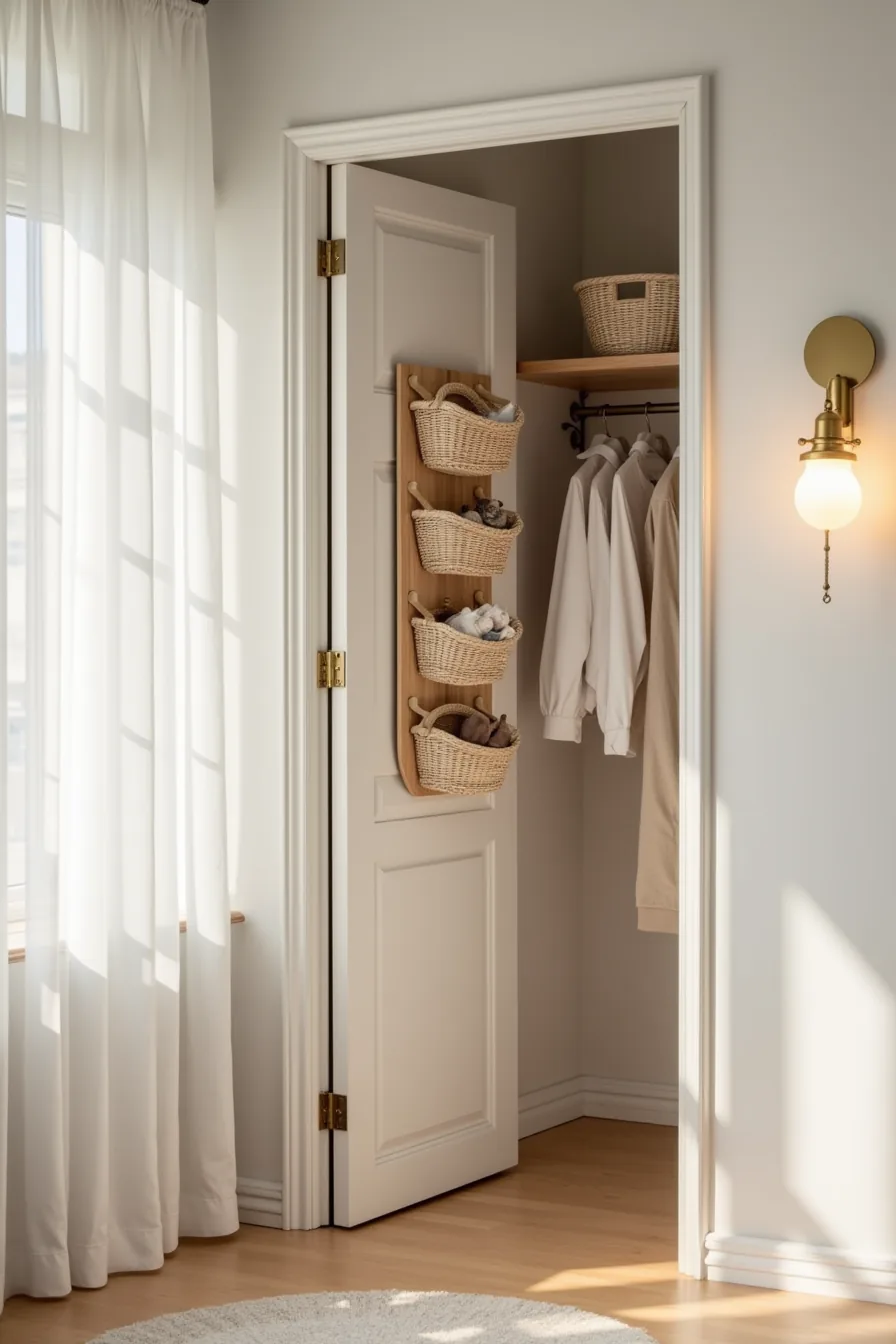Over-the-door organizer with hanging hooks, small baskets, and a mounted shelf holding various stored items.