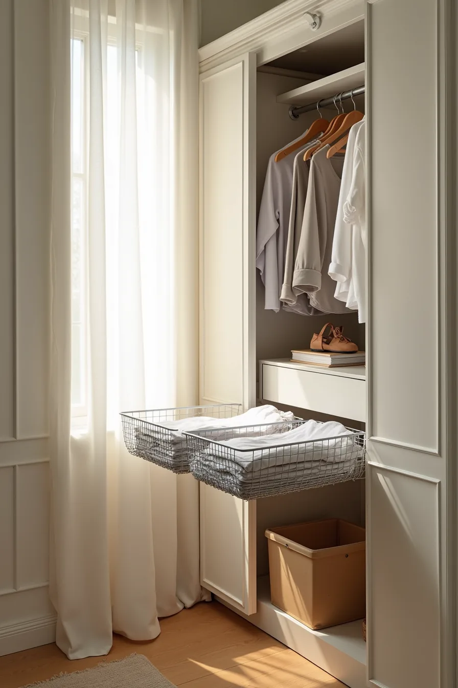 Pull-out wire baskets on metal slides displaying folded clothing in the top drawer and accessories in the middle drawer.