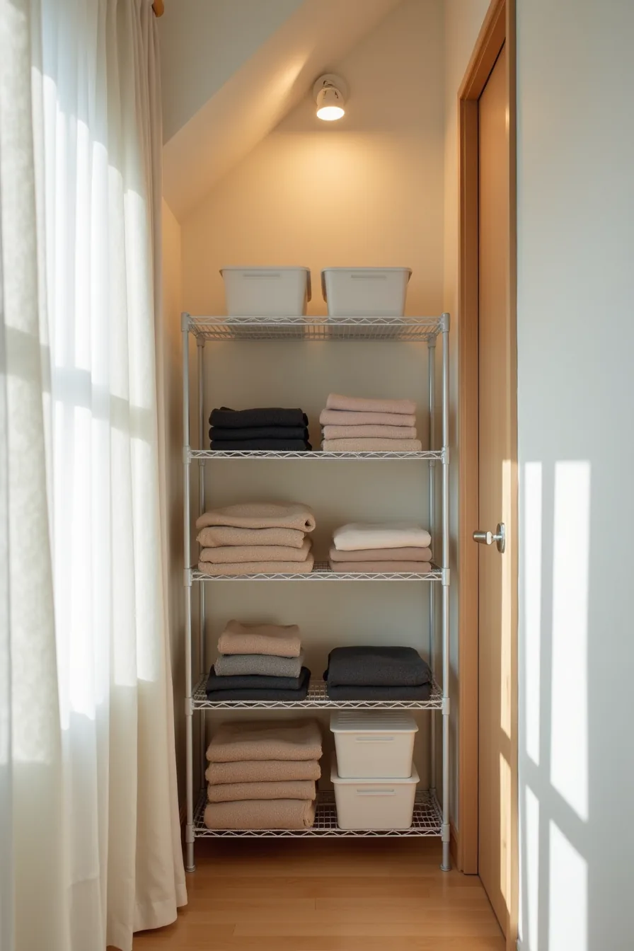 Compact under-stair closet with metal shelves holding stacked sweaters, plastic bins, and shoe boxes beneath a sloped