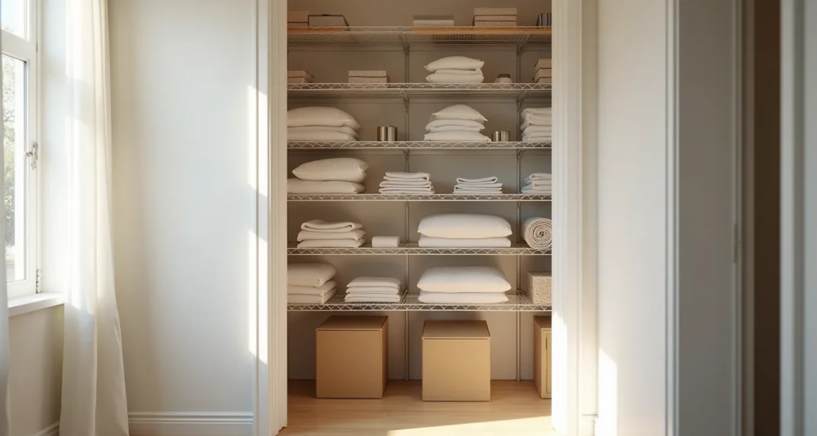 Wire shelving closet filled with neatly folded linens, storage boxes, and rolled items arranged on multiple horizontal