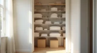 Wire shelving closet filled with neatly folded linens, storage boxes, and rolled items arranged on multiple horizontal