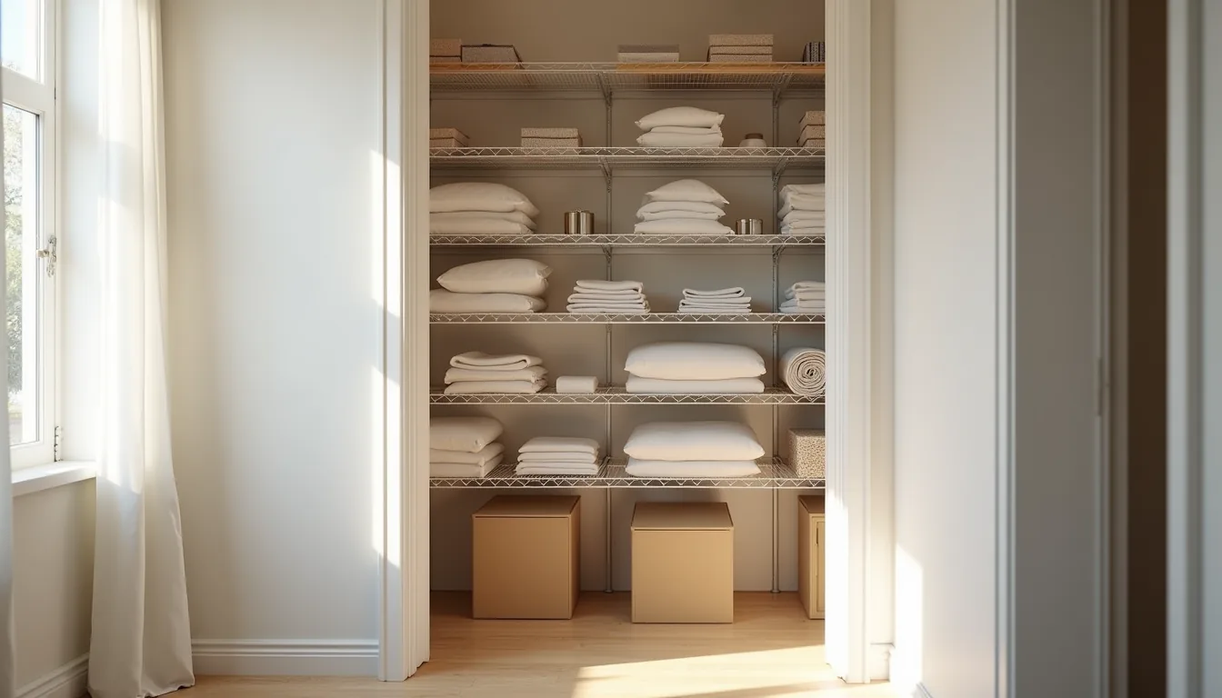 Wire shelving closet filled with neatly folded linens, storage boxes, and rolled items arranged on multiple horizontal