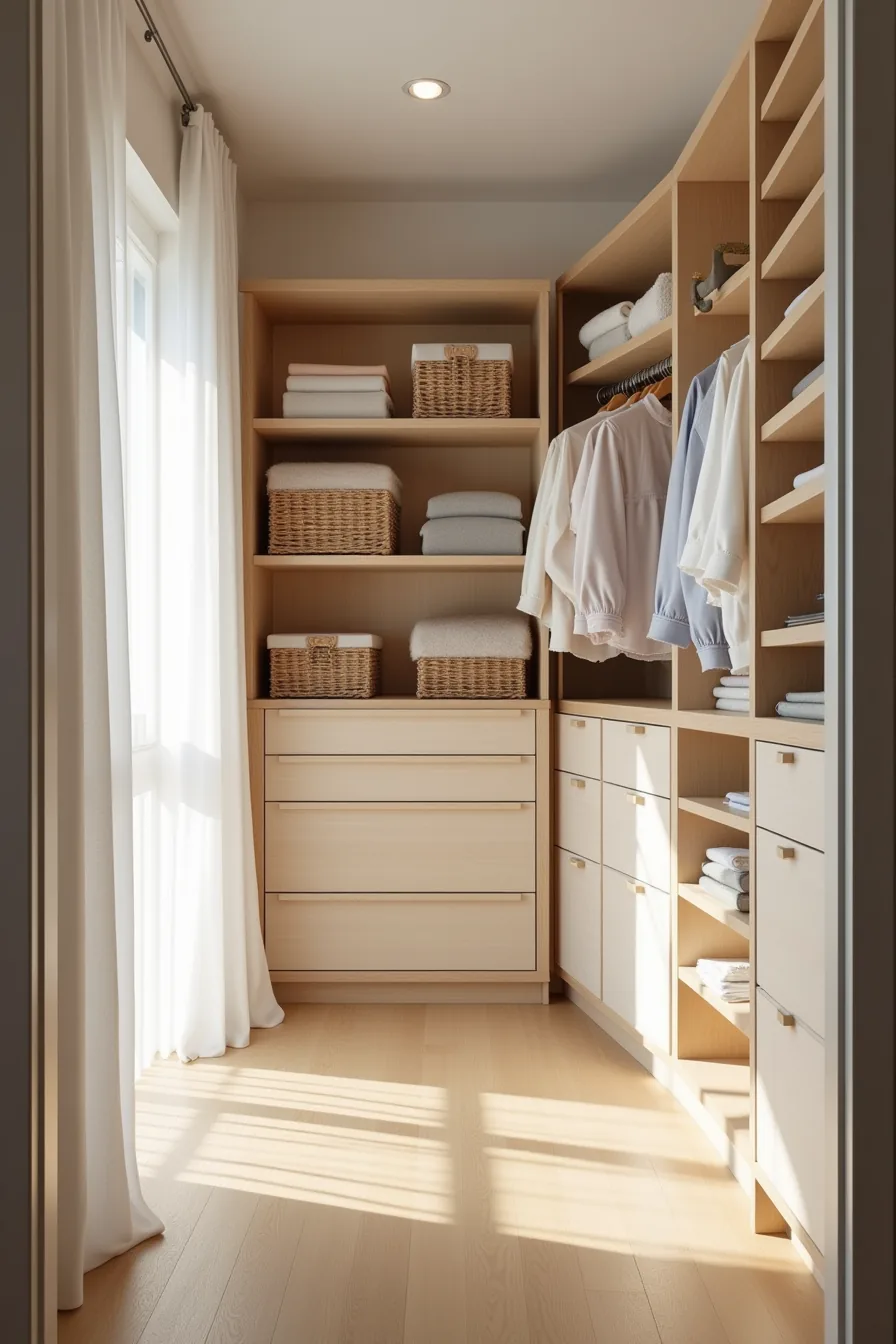 Walk-in closet organized into four zones with seasonal boxes, daily-use baskets, and stacked storage bins at varying heights.