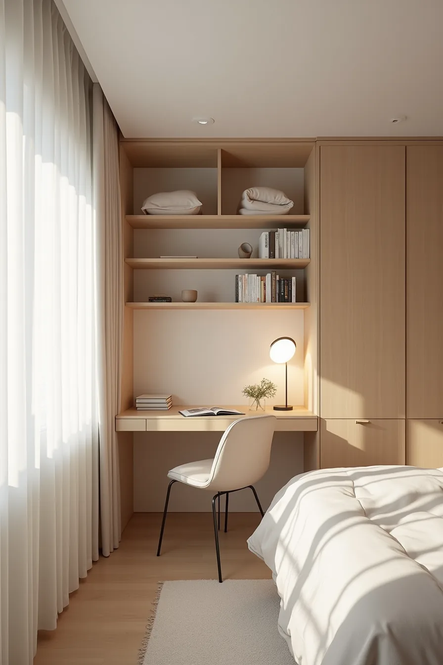 Bedroom with three storage solutions: wall-mounted shelves above desk, freestanding unit beside bed, and closet system in
