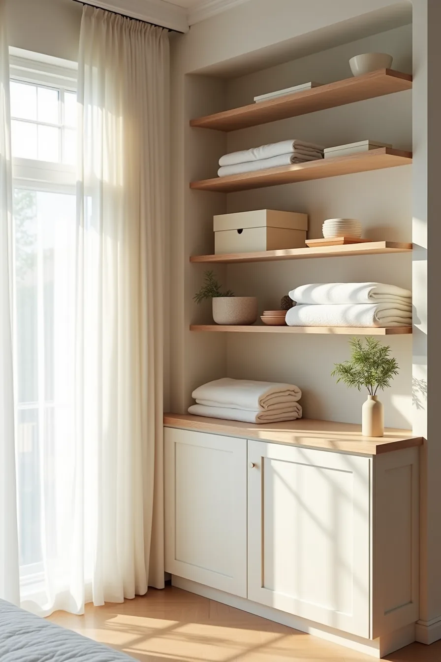 Floor-to-ceiling corner cabinetry with closed lower doors and open upper shelves displaying folded linens and decorative