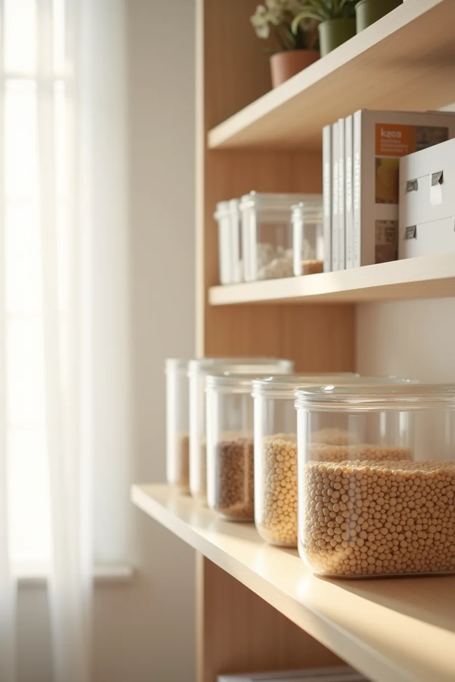 Eye-level shelf displaying uniform clear containers with visible contents, one open to show interior organization.