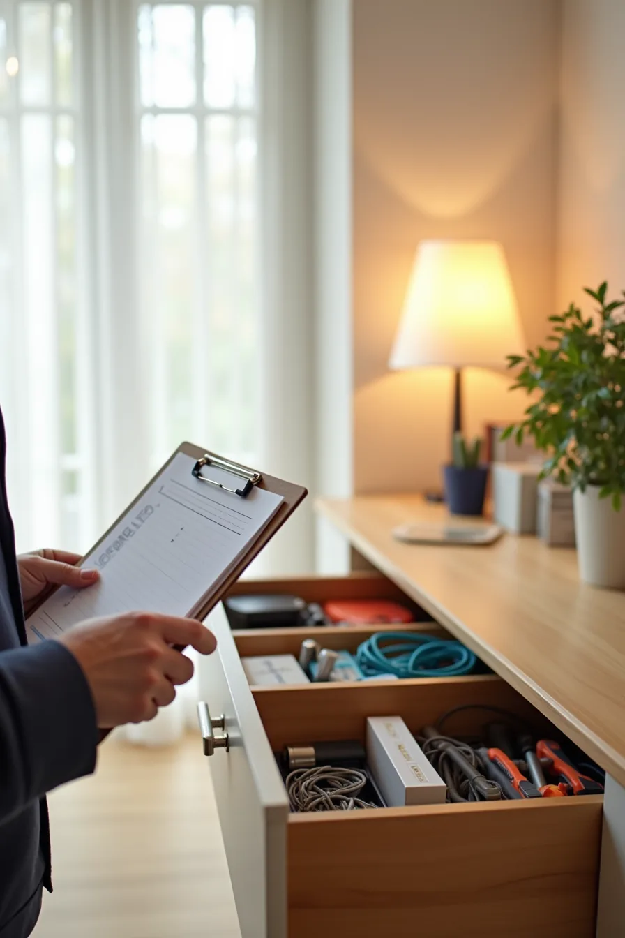 Hands holding clipboard with checklist positioned next to a fully open drawer containing tools, cables, and office supplies.