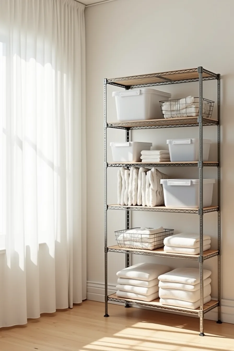 Freestanding metal shelving unit against a wall displaying clear plastic bins, wire baskets, and rolled textiles on multiple