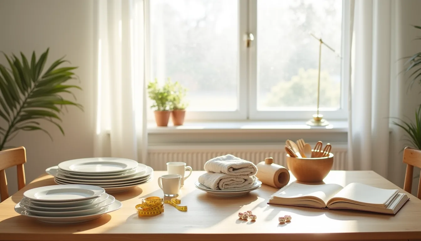 Dining table overhead showing stacked plates, folded textiles, grouped utensils, notebook, and measuring tape arranged in