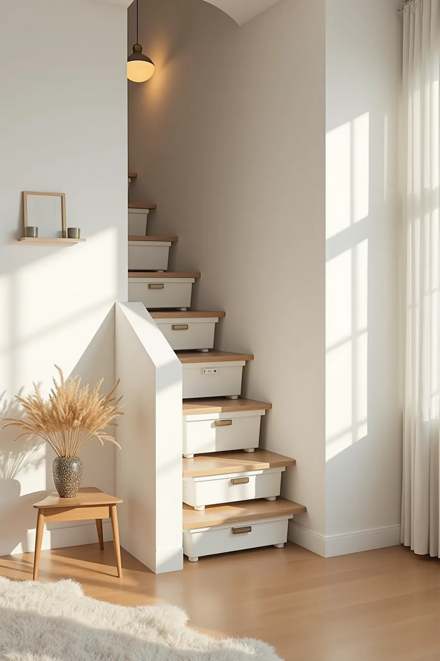 Under-staircase corner with stacked modular plastic bins at varying heights and an over-door organizer on the adjacent wall.