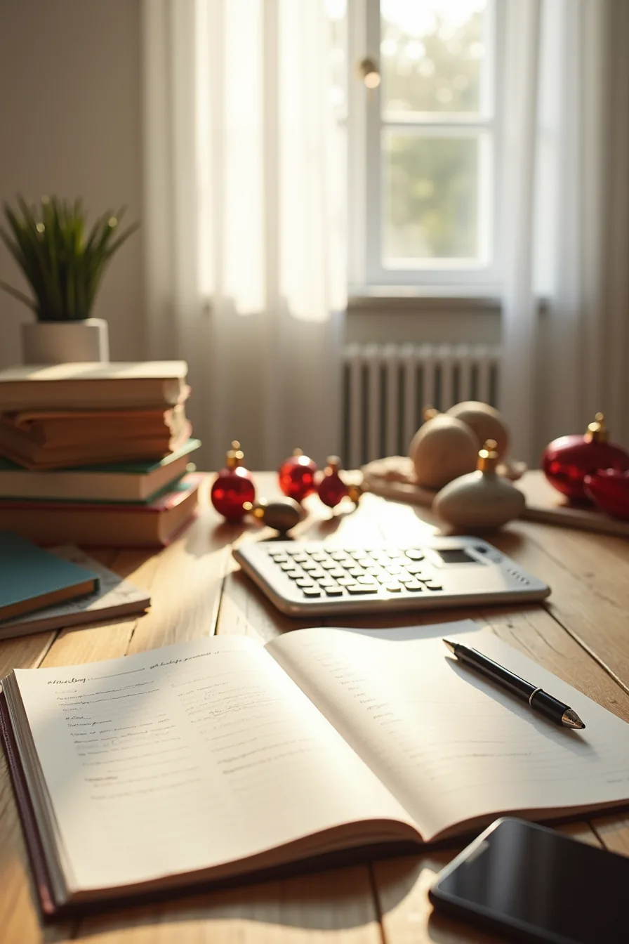 Flat lay of inventory planning supplies with notebook, calculator, pen, holiday ornaments, sports gear, tools, and