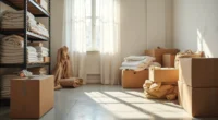 Scattered storage items on concrete floor including boxes, bins, rolled fabrics, shelving frame, and measuring tape.