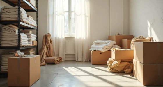 Scattered storage items on concrete floor including boxes, bins, rolled fabrics, shelving frame, and measuring tape.
