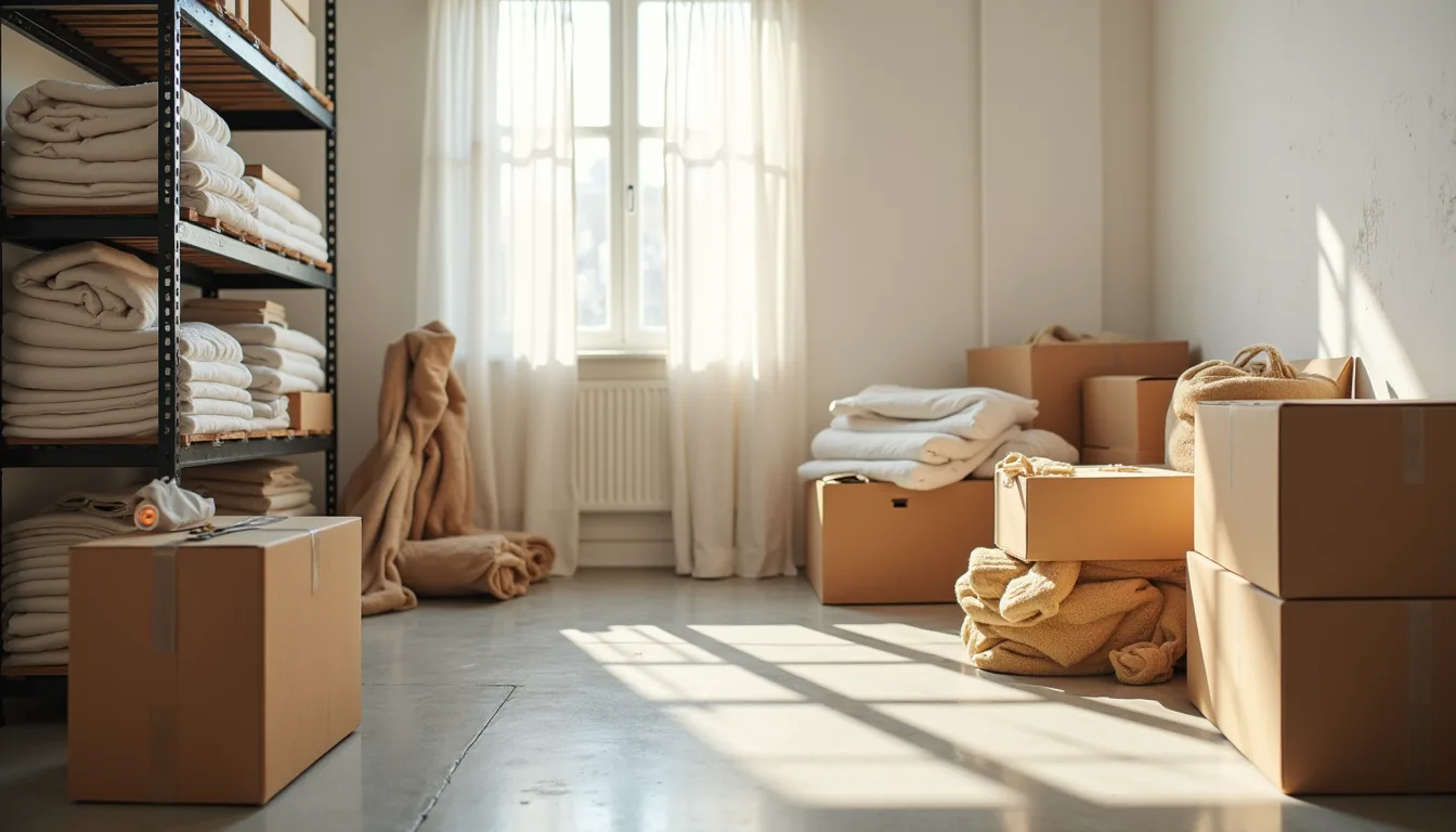 Scattered storage items on concrete floor including boxes, bins, rolled fabrics, shelving frame, and measuring tape.