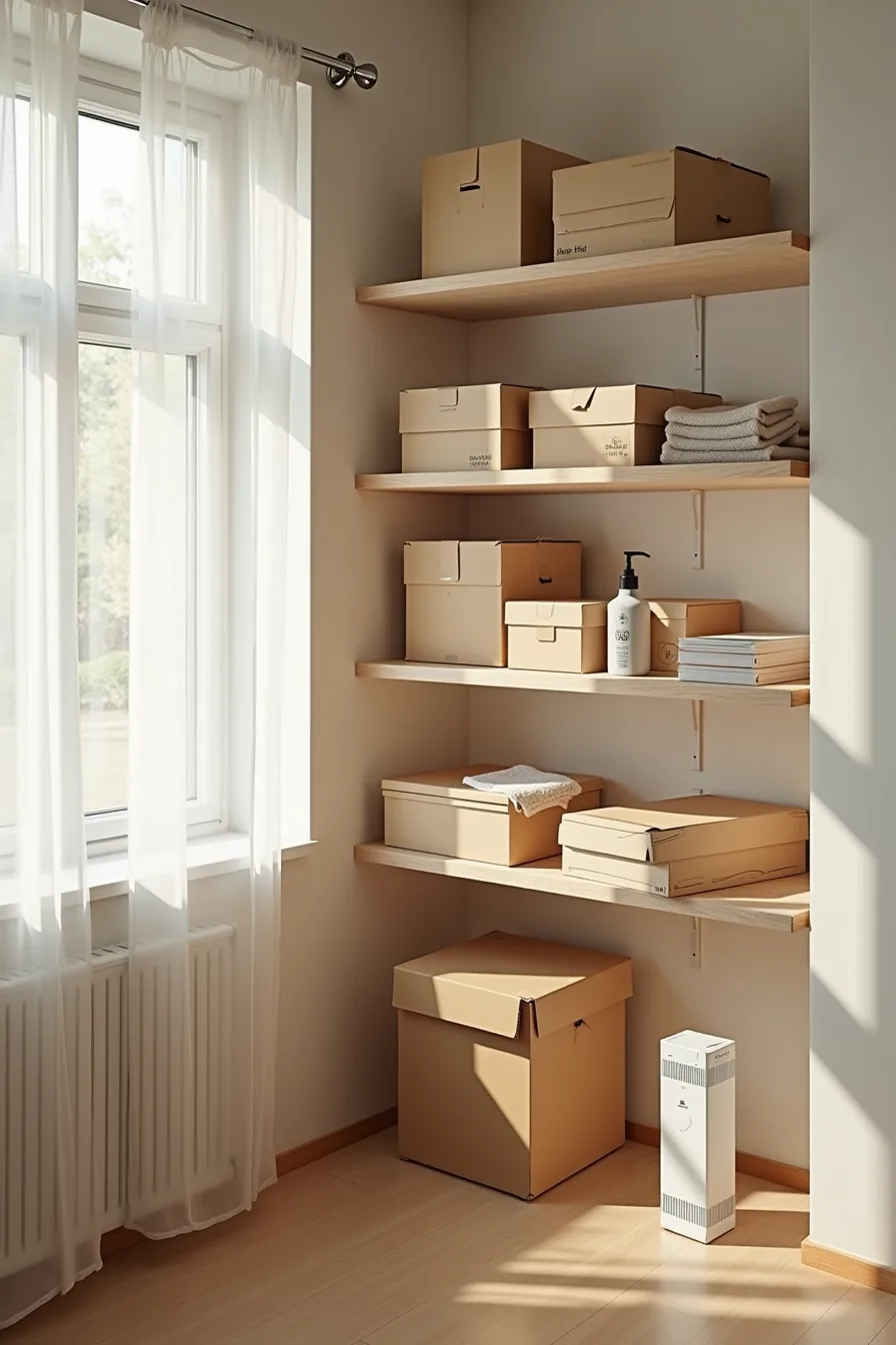 Organized storage shelf with heavy boxes on lower levels, seasonal items above, cleaning supplies nearby, and a pest trap in