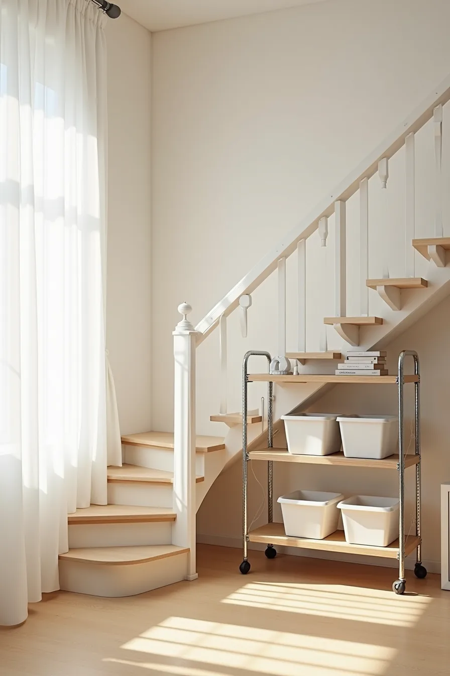 Metal shelving unit with adjustable pegs and stacked plastic storage bins positioned under a staircase.