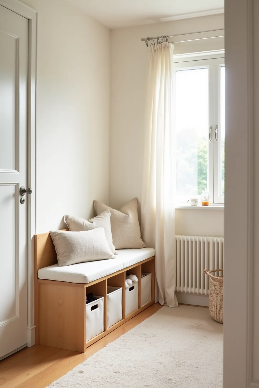 Under-stair storage combining a cushioned bench seat with toy bins and shoe cubbies below.