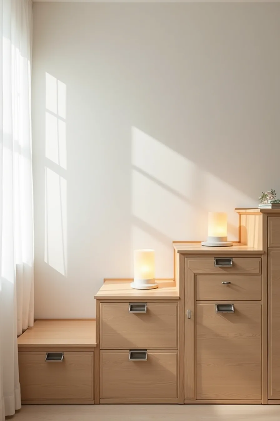 Three wooden drawers with metal handles built into the space under a staircase.