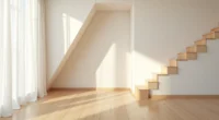 Empty space under a staircase with hardwood flooring and angled ceiling line.