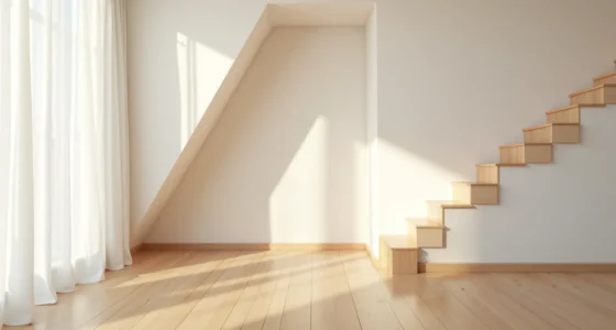 Empty space under a staircase with hardwood flooring and angled ceiling line.